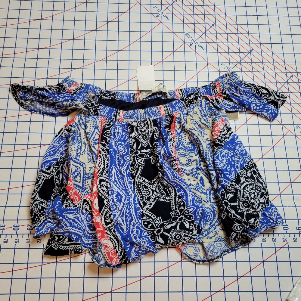 Blue and Black Paisley Off-Shoulder Top